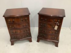 A pair of reproduction four drawer mahogany serpentine bedside chests, width 40cm, depth 35cm,