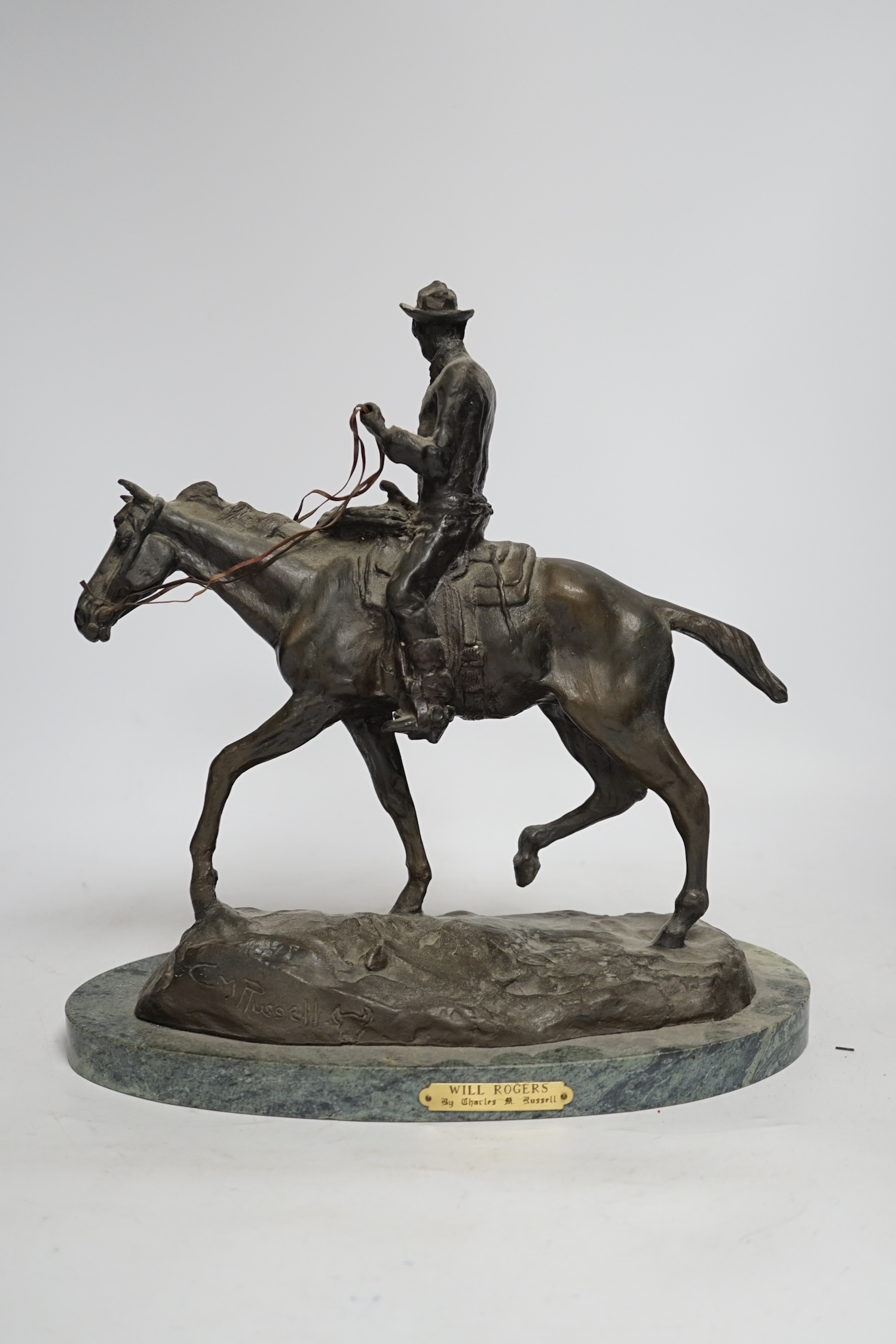 After Charles Marian Russell, a bronze group of Will Rogers, 29cm high - Image 9 of 14