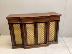 A William IV rosewood breakfront side cabinet, width 141cm, depth 49cm, height 93cm. Condition -