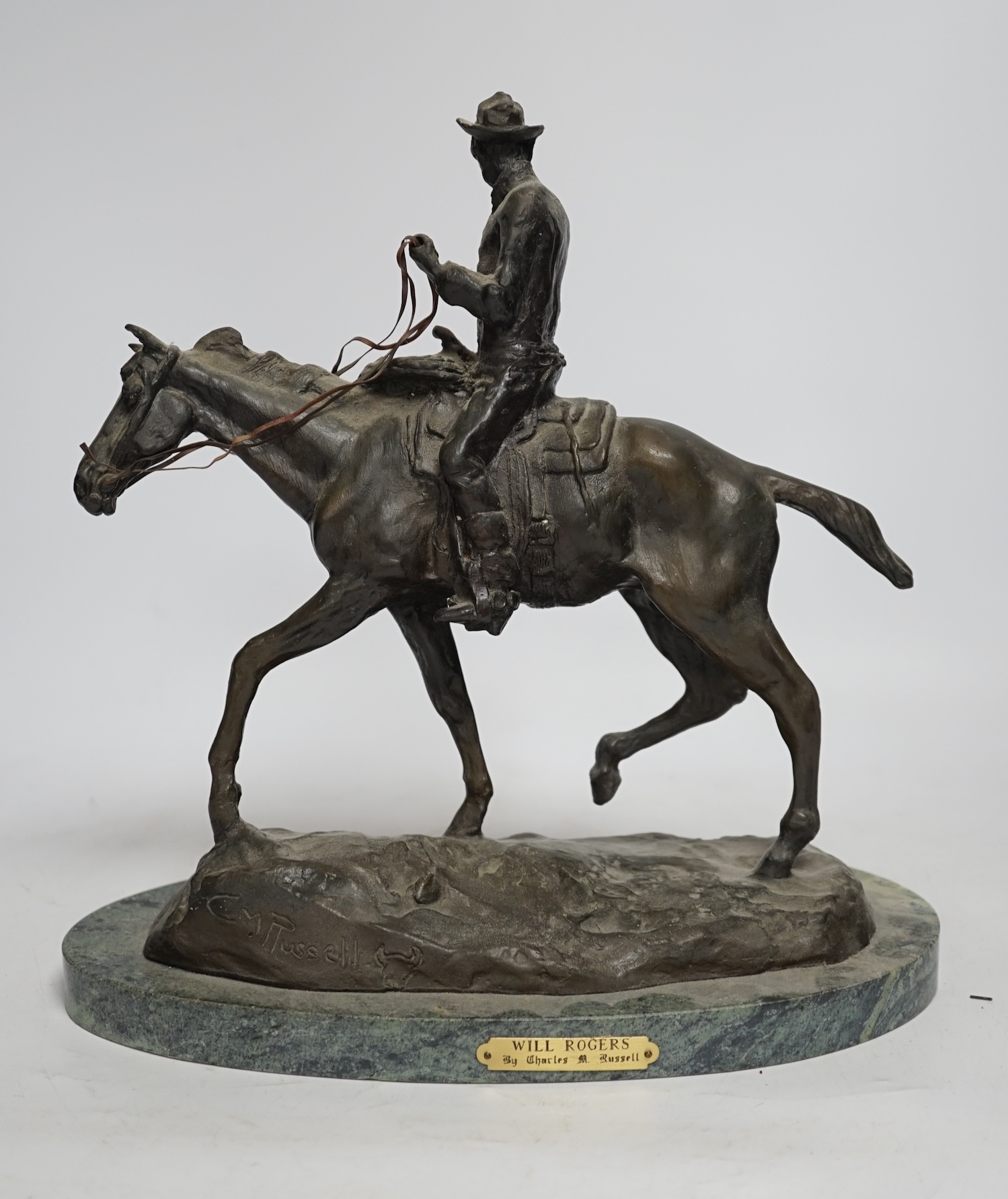 After Charles Marian Russell, a bronze group of Will Rogers, 29cm high - Image 8 of 14