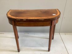 A George III banded mahogany D shape folding card table, width 91cm, depth 43cm, height 74cm.