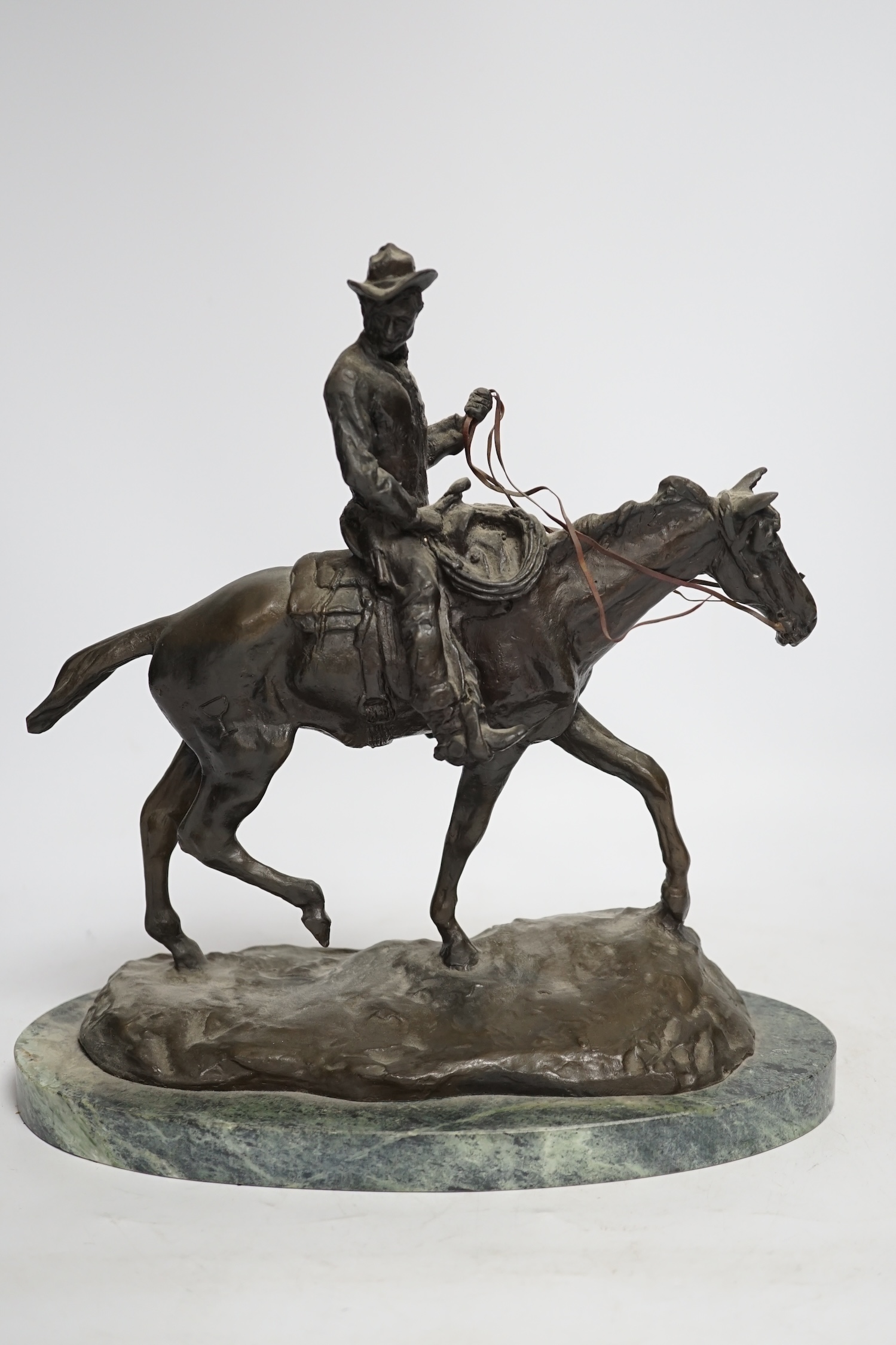 After Charles Marian Russell, a bronze group of Will Rogers, 29cm high - Image 12 of 14
