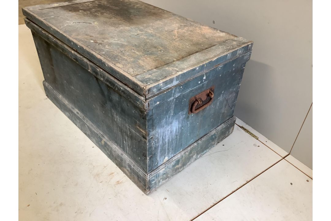 A Victorian painted pine trunk, width 94cm, depth 58cm, height 52cm. Condition - poor - Image 2 of 3