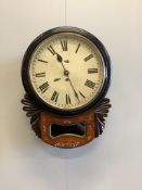 An early 19th century mother-of-pearl inlaid drop dial wall timepiece, width 38cm, height 50cm.