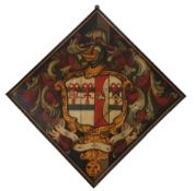 A late 18th / early 19th century oil on wooden panel hatchment with coat of arms with wild boar