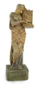 A Compton tempera painted pottery figure of St Cecilia, early 20th century, impressed factory mark