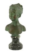 After Jean-Antoine Houdon (1741-1828), a green patinated bronze bust of a child, signed with