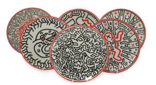 Keith Haring (American, 1958-1990) designs, a set of six Ligne Blanche, Limoges porcelain plates,