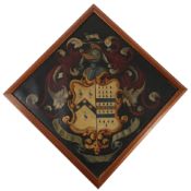 An early 19th century oil on canvas hatchment with coat of arms with hare and helm crest, 159 x