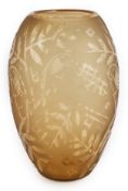 A large Daum ‘Oiseaux Grande’ amber tinted glass vase, etched with birds amid foliage, marked ‘