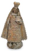A late 18th century Spanish polychrome oak group of the Madonna and child, with remnants of parcel