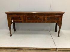 A George II style elm and burr walnut banded low dresser, width 182cm, depth 51cm, height 85cm.