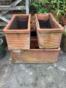 Four rectangular terracotta garden trough planters, width 85cm, depth 36cm, height 36cm. Condition -
