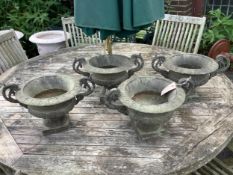 Four Victorian style cast iron campana garden planters, width 38cm, height 23cm. Condition - good