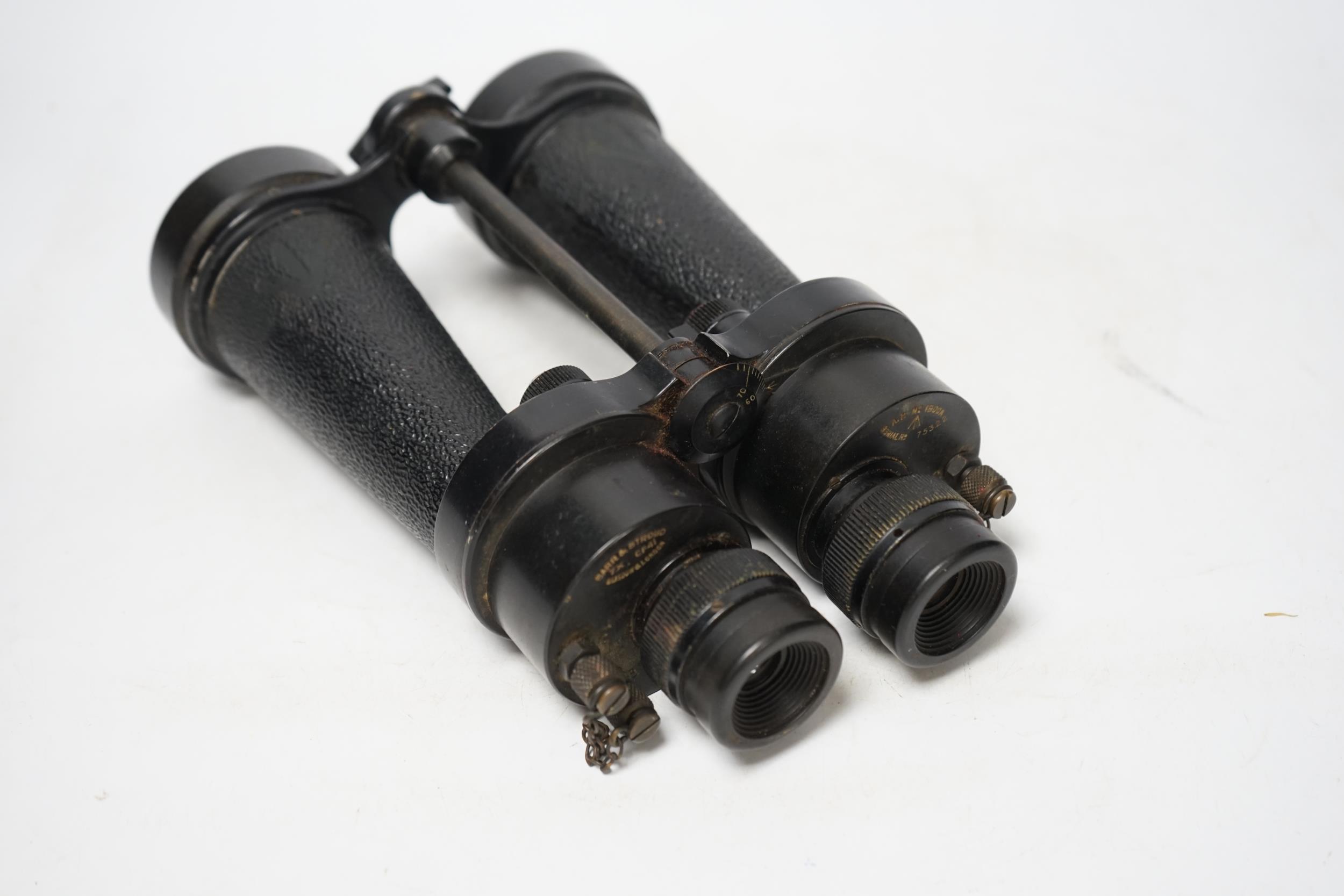 A pair of brown leather cased WWII Naval binoculars, Barr & Stroud, binoculars 24cm long, - Image 2 of 2