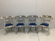 Two pairs of Indian bone, or mother of pearl overlaid dining chairs, width 62cm, depth 44cm,