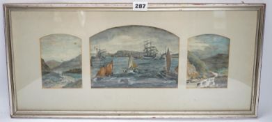 From the Studio of Fred Cuming. 19th century Naïve school, watercolour triptych, Coastal, land and