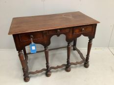 An 18th century and later oak side table, converted from a stand, width 102cm, depth 56cm, height