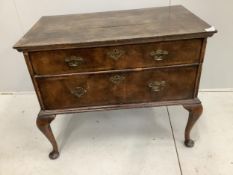 A Queen Anne banded walnut two drawer chest, adapted from a stand, width 96cm, depth 56cm, height