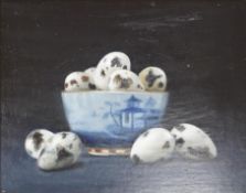 From the Studio of Fred Cuming. Jacqueline Taber (b.1946), oil on board, Still life of eggs,
