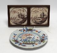 An 18th century Delft polychrome plate, 23cm diameter, and two framed tiles. Condition - tiles poor,