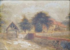 From the Studio of Fred Cuming. Late 19th/early 20th century naïve School, oil on board, Churchyard,