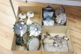 Twelve various lights: a lustre wall light, two branch chrome wall light, and glass shaded wall