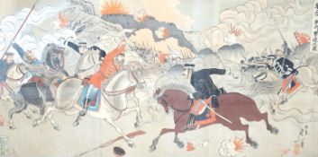 From the Studio of Fred Cuming. Gintaro, Japanese woodblock print, Soldiers on horseback, 35 x 68cm.