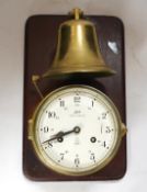 A mounted Schatz Royal Mariner brass clock, 21cm wide, 34cm high. Condition - untested for time