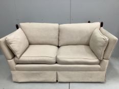A small Contemporary Knowle settee upholstered in a natural linen fabric, width 170cm, depth 84cm,