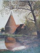 From the Studio of Fred Cuming. Late 19th / early 20th C. Primitive oil on board, Oast House,