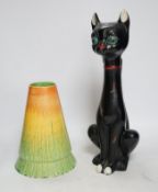 From the Studio of Fred Cuming. A 1950’s stylised ceramic cat and a Neon ware vase, largest 36cm