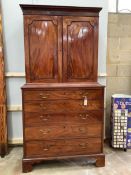 A George III mahogany secretaire cabinet, width 108cm, depth 56cm, height 213cm. Condition - fair