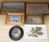 From the Studio of Fred Cuming. Six needlework embroideries including an alphabet sampler, Study