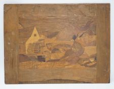 From the Studio of Fred Cuming. An inlaid marquetry panel depicting a watermill before mountains, 30