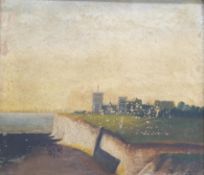 From the Studio of Fred Cuming. c.1900 Naïve, oil on canvas, Castle and cliffs, indistinctly