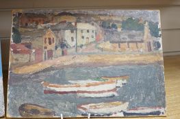 From the Studio of Fred Cuming. oil on board, Harbour view with boats, unsigned, 25 x 25cm,
