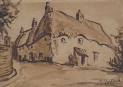 From the Studio of Fred Cuming. G. Bertrand, sepia watercolour, Study of a thatched cottage, signed,