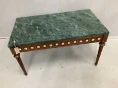 A Louis XVI style rectangular gilt metal and porcelain mounted marble top mahogany coffee table,