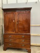 A George III and later mahogany linen press, width 132cm, depth 58cm, height 199cm. Condition -