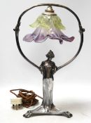An Art Nouveau WMF pewter and glass flower shade lamp, 39cm high. Condition - split to base on one