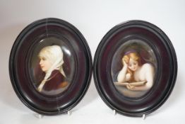 Two Paris porcelain oval portrait plaques, 20cm high. Condition - plaques good, one frame joints