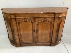 A Victorian inlaid burr walnut credenza, width 165cm, depth 45cm, height 91cm. Condition - fair