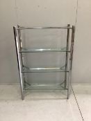 A contemporary chrome and glass three tier shelf unit, width 99cm, depth 38cm, height 147cm.