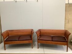 A pair of Thomas Moser cherrywood ‘Sofia two-place’ sofas, width 145cm, depth 76cm, height 80cm.