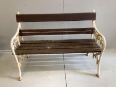 A Victorian style slatted cast iron garden bench, width 123cm, depth 58cm, height 86cm.