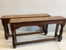 A pair of 18th century style rectangular oak console tables, width 162cm, depth 34cm, height 81cm.