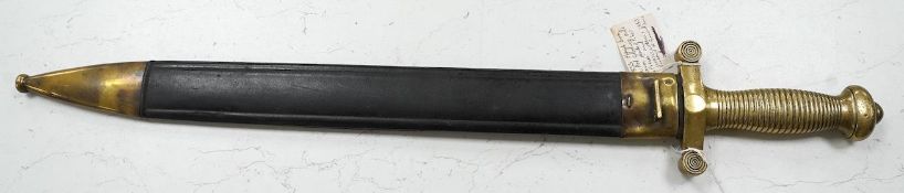 A French Gladius, regulation blade stamped ‘Chatellerault 1833’ in its scabbard, blade 48.5cm.