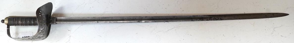 An 1897 pattern infantry officer’s sword, blade etched with crowned VR cypher, steel guard with