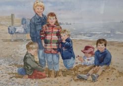 Mary Gundry (20th. C), watercolour, Beach scene with children, signed and dated 1997, 38 x 49cm.